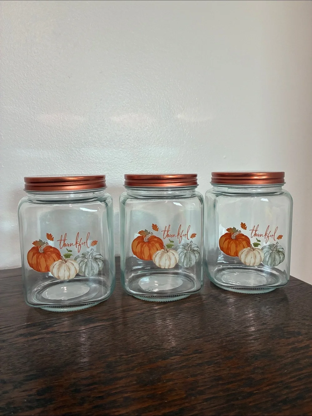 NWT- Set of 3- THANKFUL- Pumpkin Trio Harvest Glass Jars w/ Screw On Copper Lid